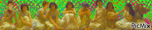 a detail of the women in The Babylonian Marriage Market with a flashing rainbow background. We, too, are just a commodity to Druscilla; a currency traded between herself and the divine.